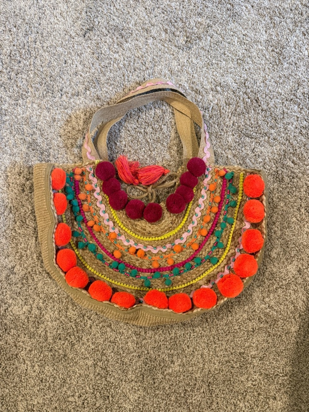 Boho Pom-Pom Embellished Straw Tote - Multicolor